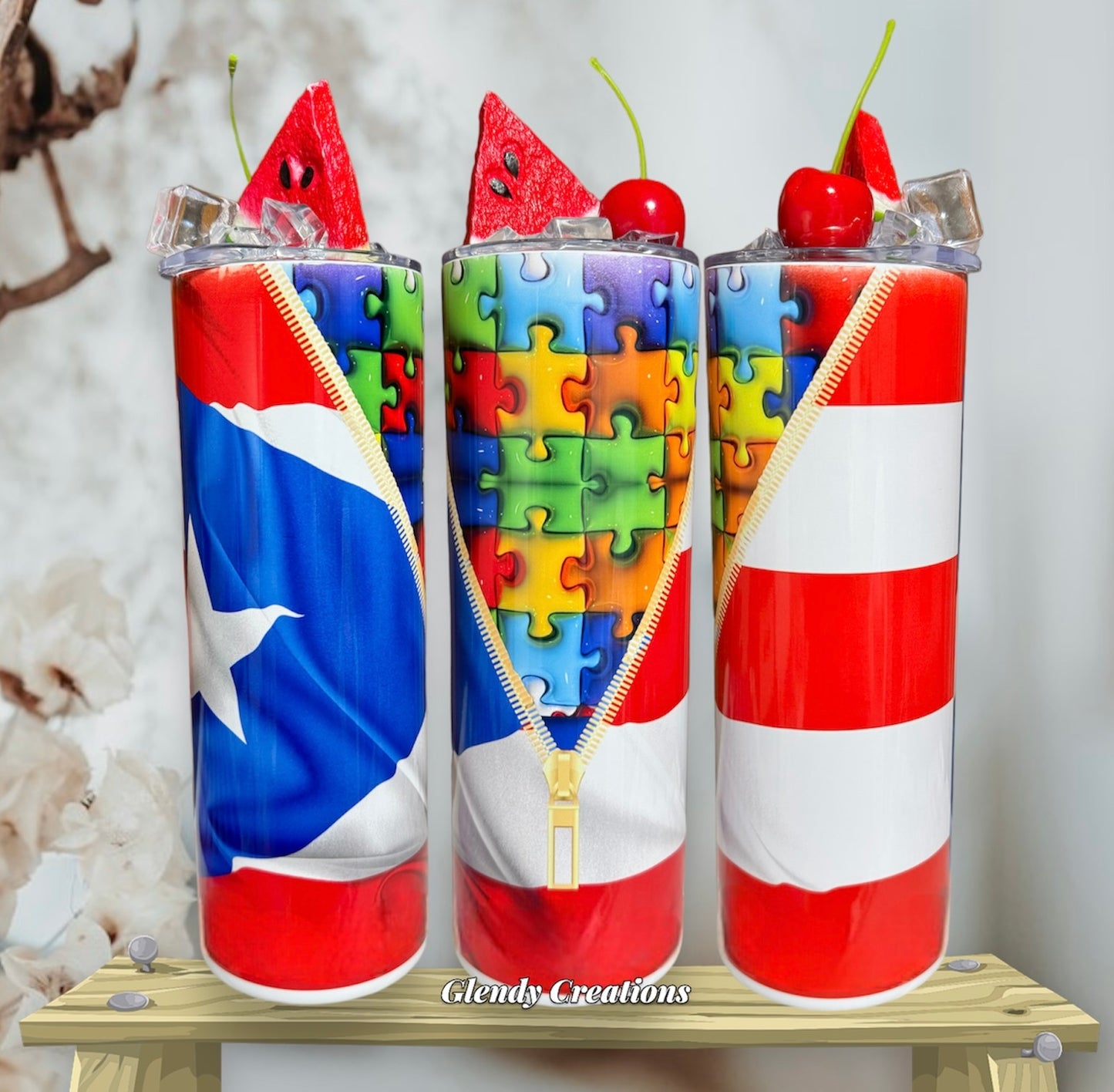 tumbler with the flag of Puerto Rico and autism.