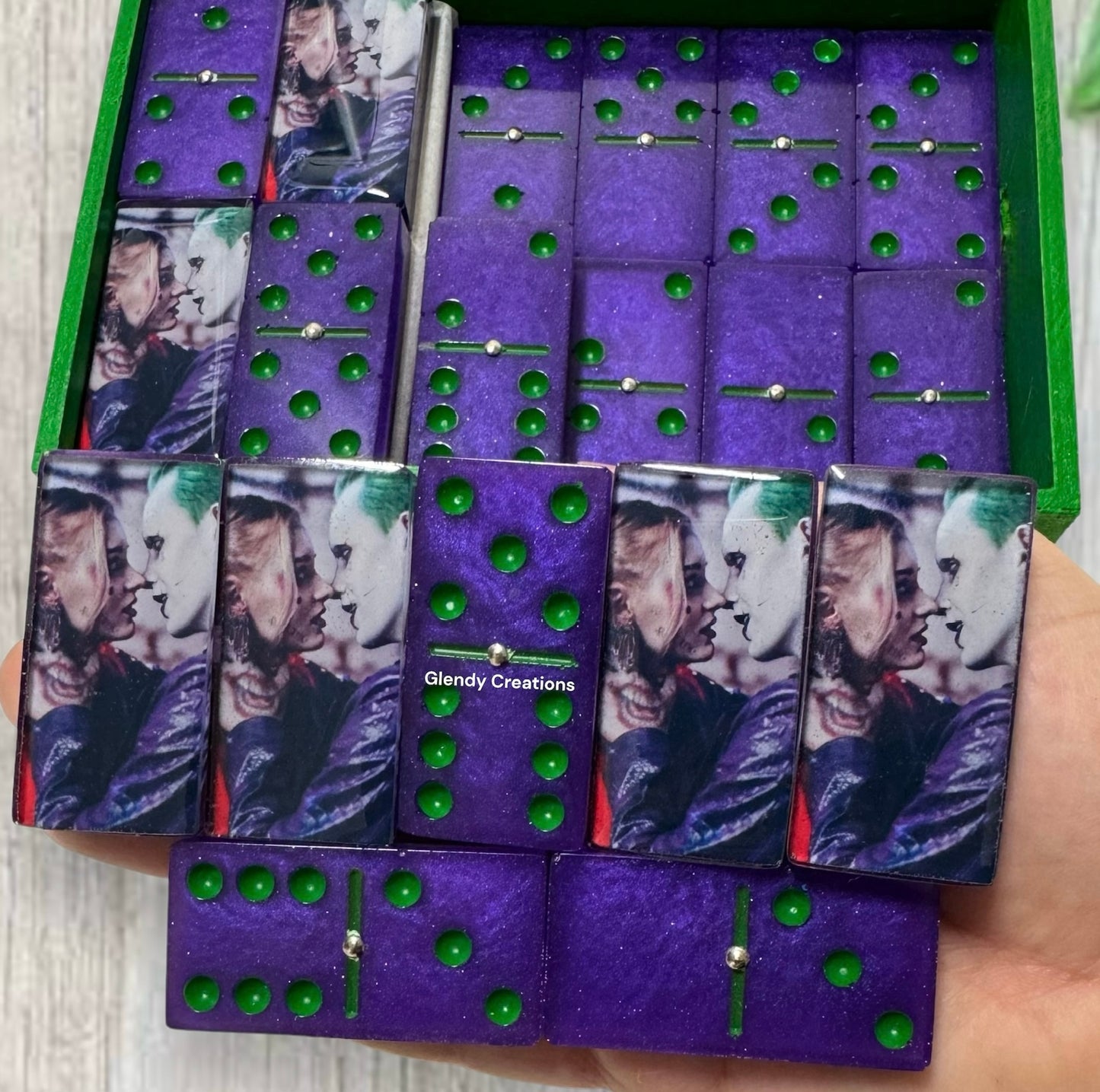 Double 6 dominoes of the Joker and Harley Quinn characters