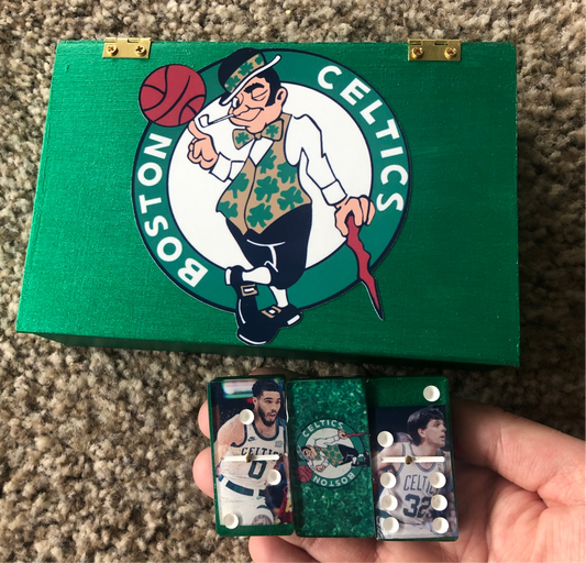 Customize your double 6 domino set with your favorite baseball, football, or basketball team and player.