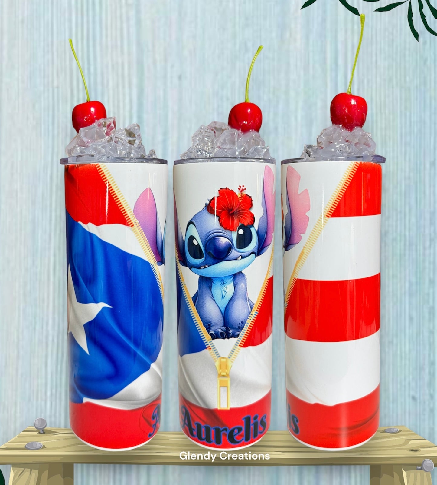 20oz Stainless Steel
Tumblers with artificial ice and cherry with the flag of Puerto Rico with the character Stitch. Customize your name