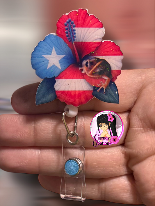 Badge Reels with Hibiscus Flower and Coquí Design”/Id Badge
