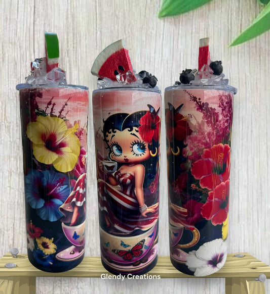 Betty Boop Tumblers with Hibiscus Flowers, with melon and blueberries