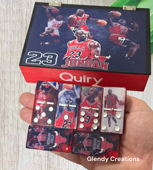 Customize your double 6 domino set with your favorite baseball, football, or basketball team and player.