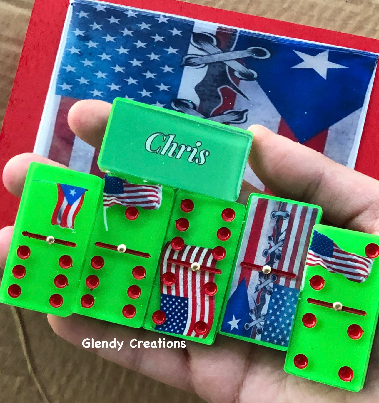 Double 6 dominoes with the flag of Puerto Rico and the USA