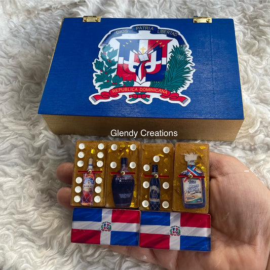 Dominican beer flag and dominoes