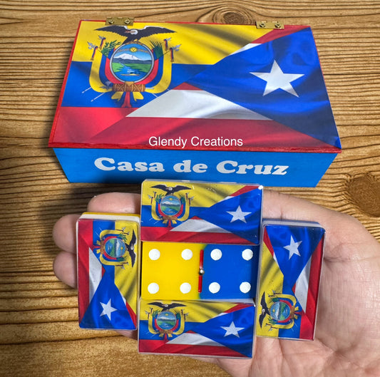 Dominó doble 6 con la bandera de Ecuador y Puerto Rico