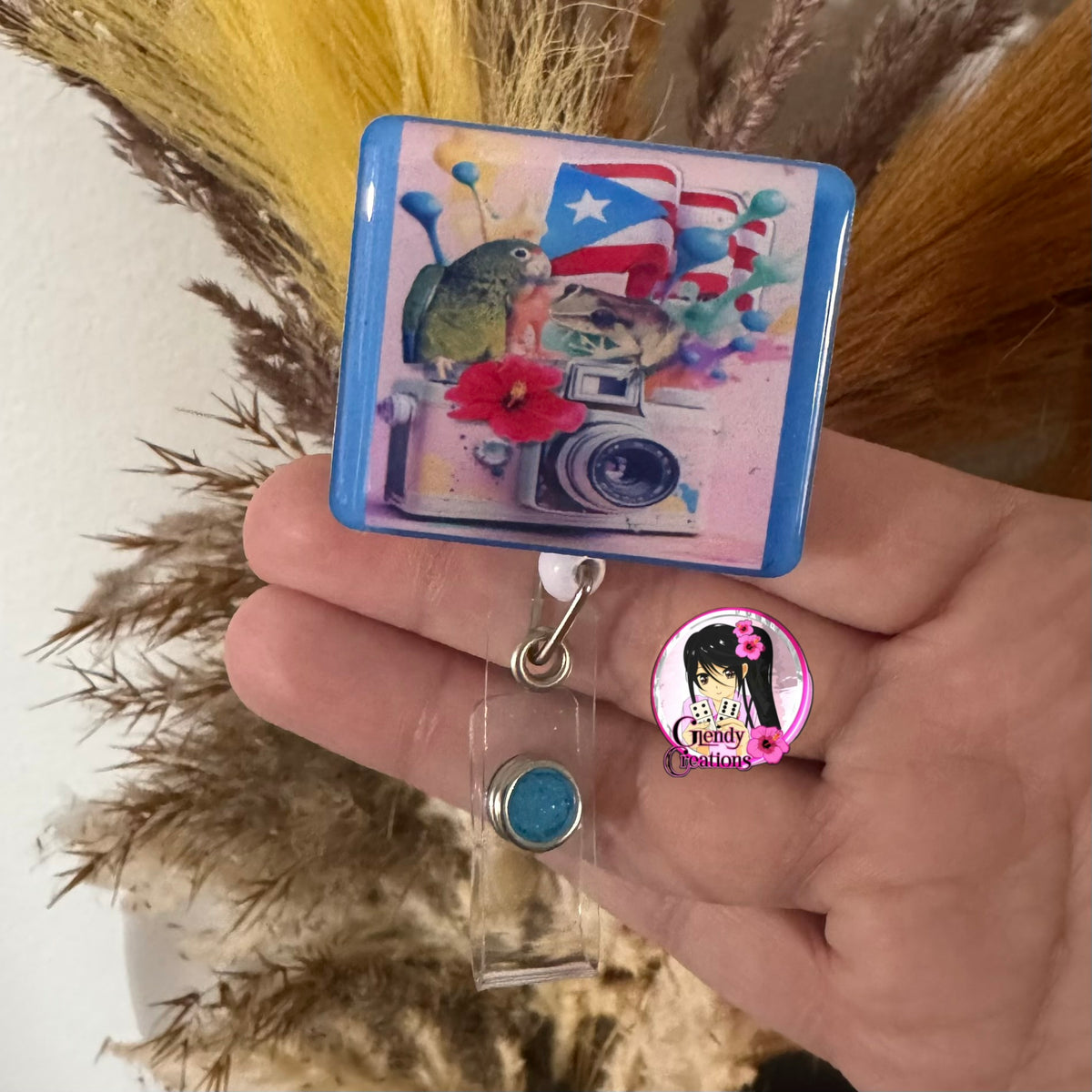 Puerto Rico Inspired Badge Reel | Coquí, Camera & Puerto Rican Flag Design