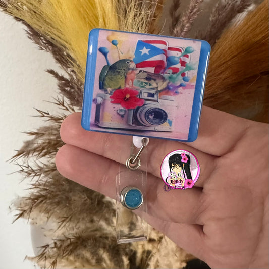 Puerto Rico Inspired Badge Reel | Coquí, Camera & Puerto Rican Flag Design