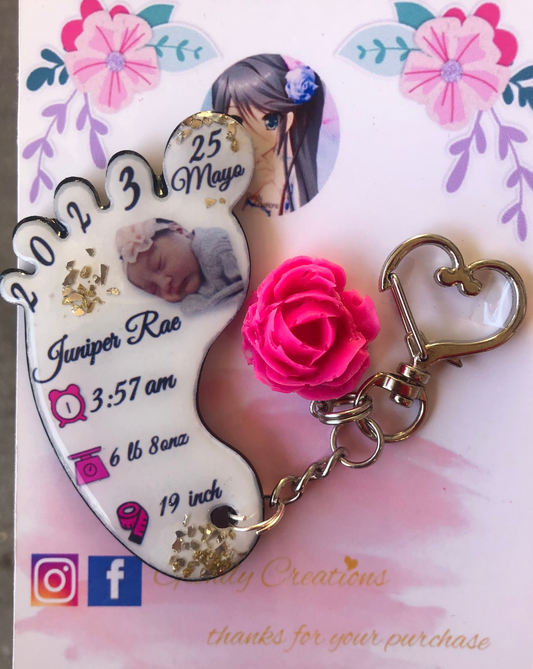 Personalized Baby Foot Keychain – Custom Baby Photo & Birth Details Acrylic Gift