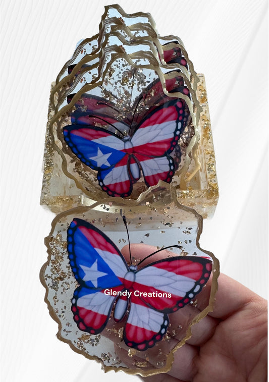 Portavasos Personalizados con Mariposas y Bandera de Puerto Rico – Set de 4 o 6 Piezas