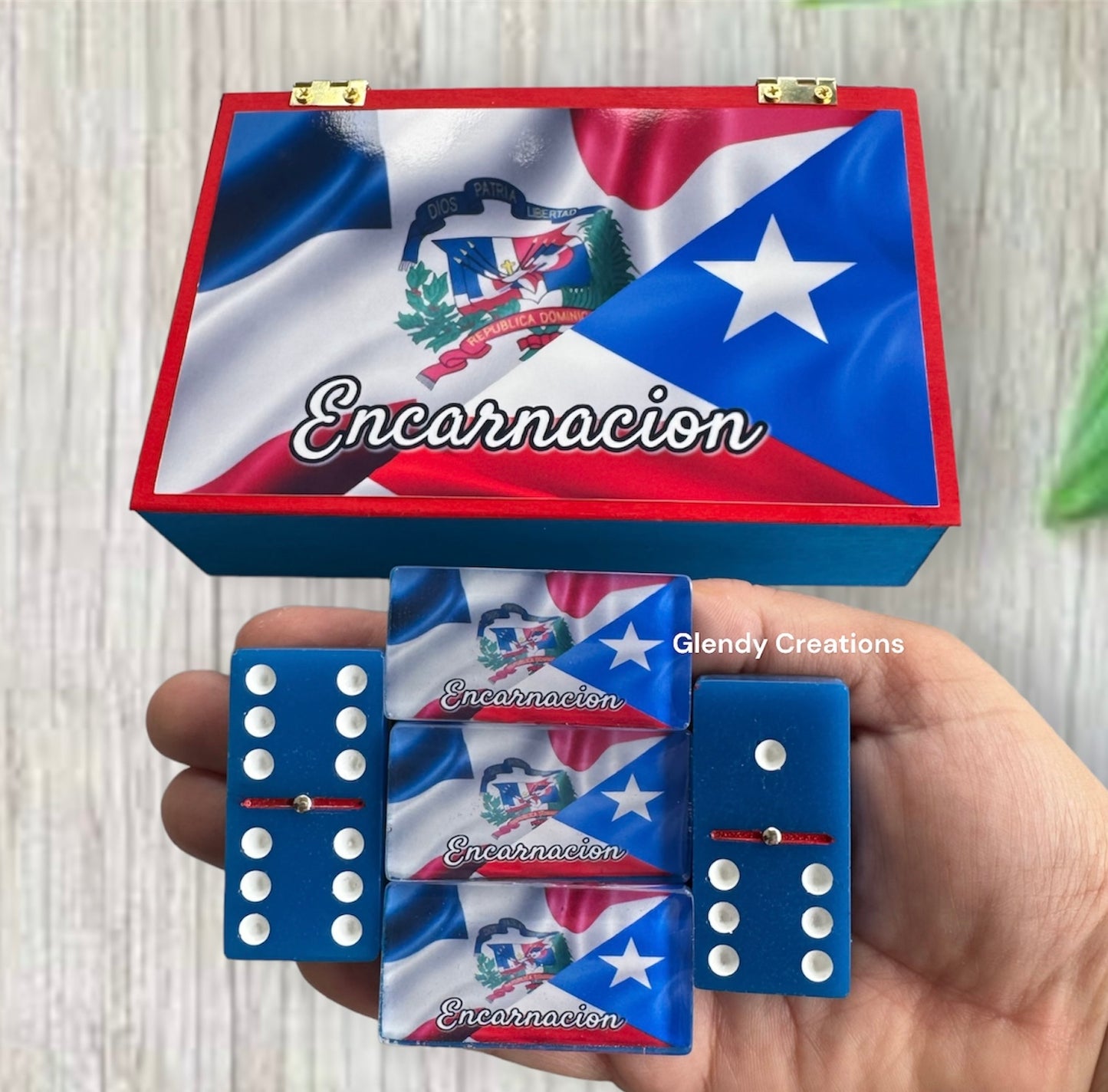 Double 6 dominoes with the flag of the Dominican Republic and Puerto Rico