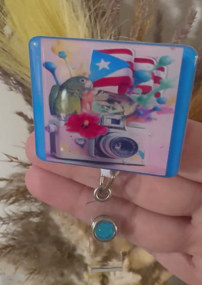 Puerto Rico Inspired Badge Reel | Coquí, Camera & Puerto Rican Flag Design
